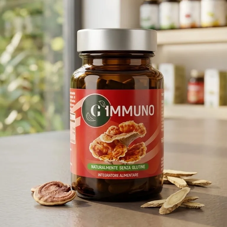 Flacone di G Immuno con reishi essiccato