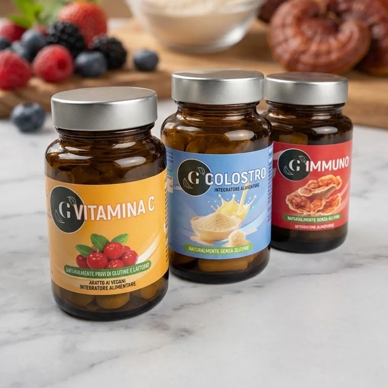 I tre flaconi della linea G con frutti di bosco, colostro e reishi