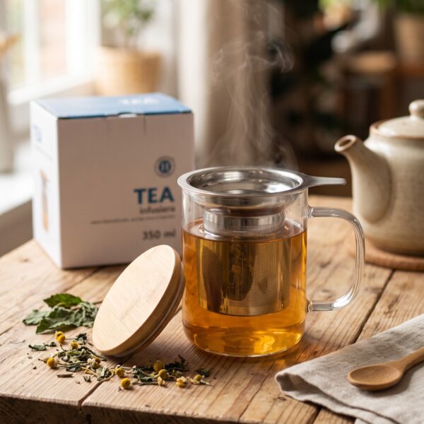 Tazza Infusiera in Vetro Borosilicato con Filtro Inox e Coperchio in Bambù – 350 ml